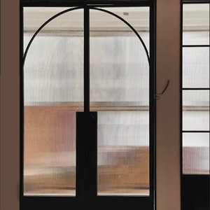 Alucasa for Houses Arch Shaped Casement Grey Glass Contemporary Interior Front Entry Swing Doors